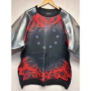 Bleeker & Mercer Sweatshirt Mens Black Rose Print Comfy Faux Leather Sleeve 3XL